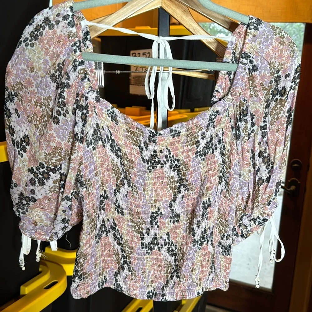 NWT Free People Back On Top Floral Smocked Puff Sleeve Top Size Small
